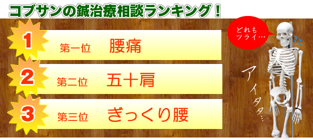 コブサン鍼灸院・接骨院の鍼治療相談ランキング 第1位腰痛、第2位五十肩、第3位ギックリ腰