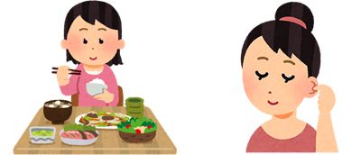 女性が食事と耳つぼをしているイメージのイラスト